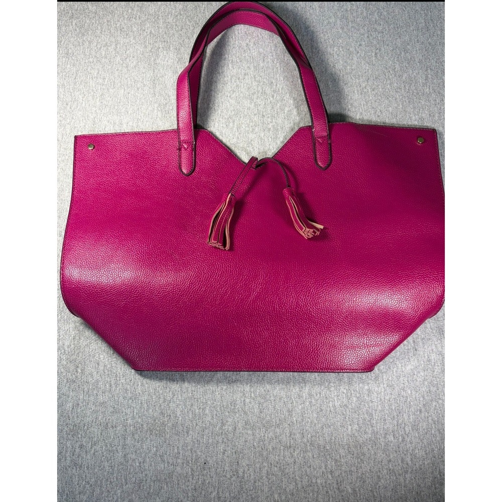 Neiman Marcus Magenta Pink Pebbled Tassel Tote Bag Gold Interior V-Cut Topline